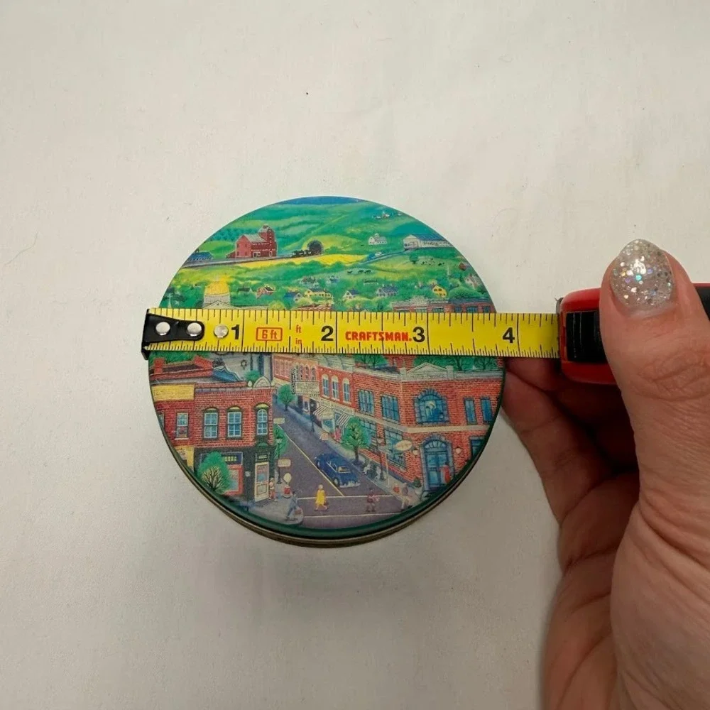 Vintage Heilig-Meyers‎ Folk Art Small Town Main Street Coaster Set with Tin 4pc
